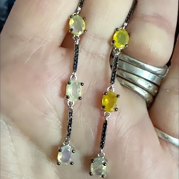 Faceted fire opals black spinel sterling silver long earrings - Picture 2 of 10